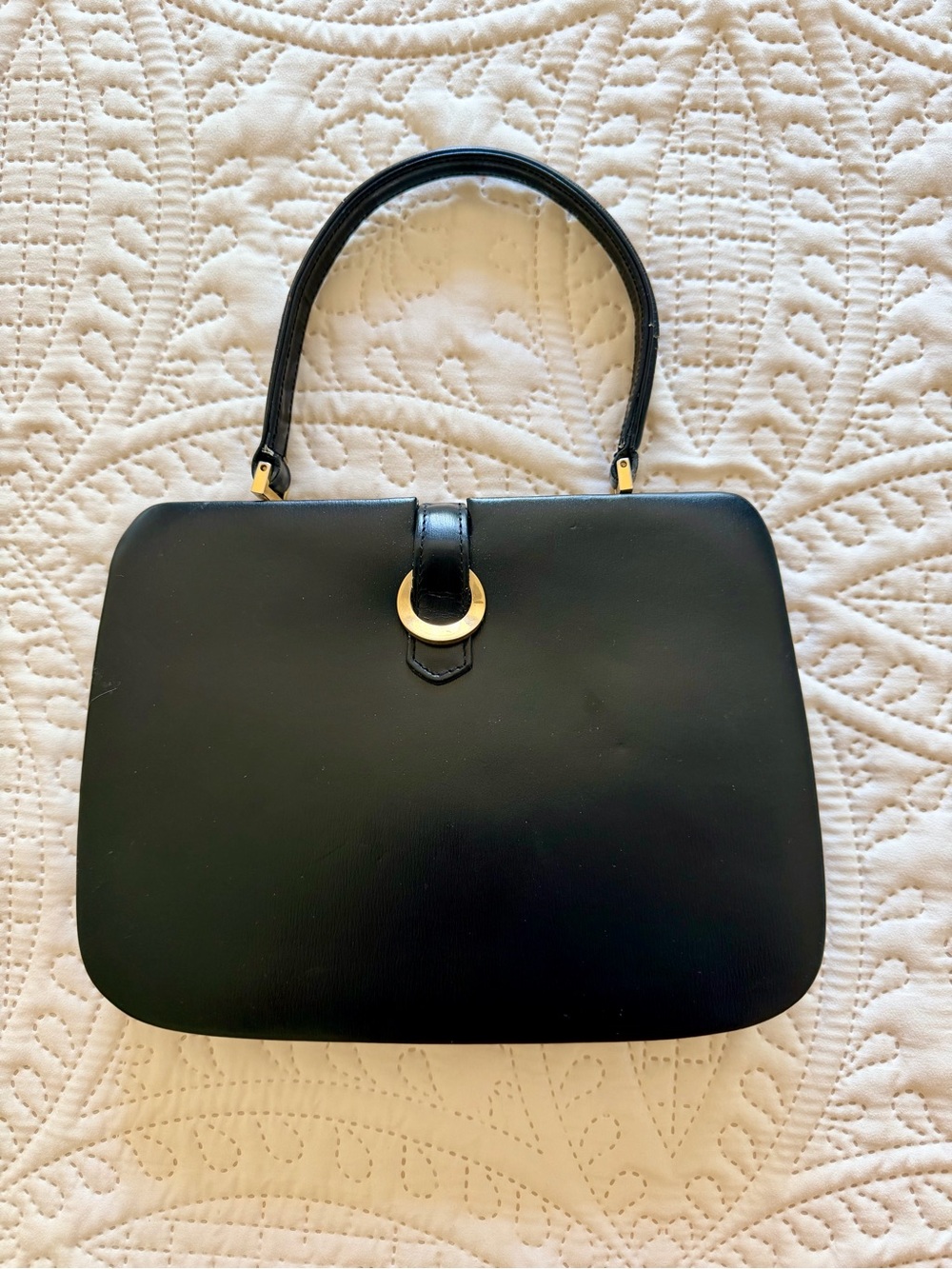 Vintage MANTESSA France Black Leather Top Handle Bag Structured Gold Hardware